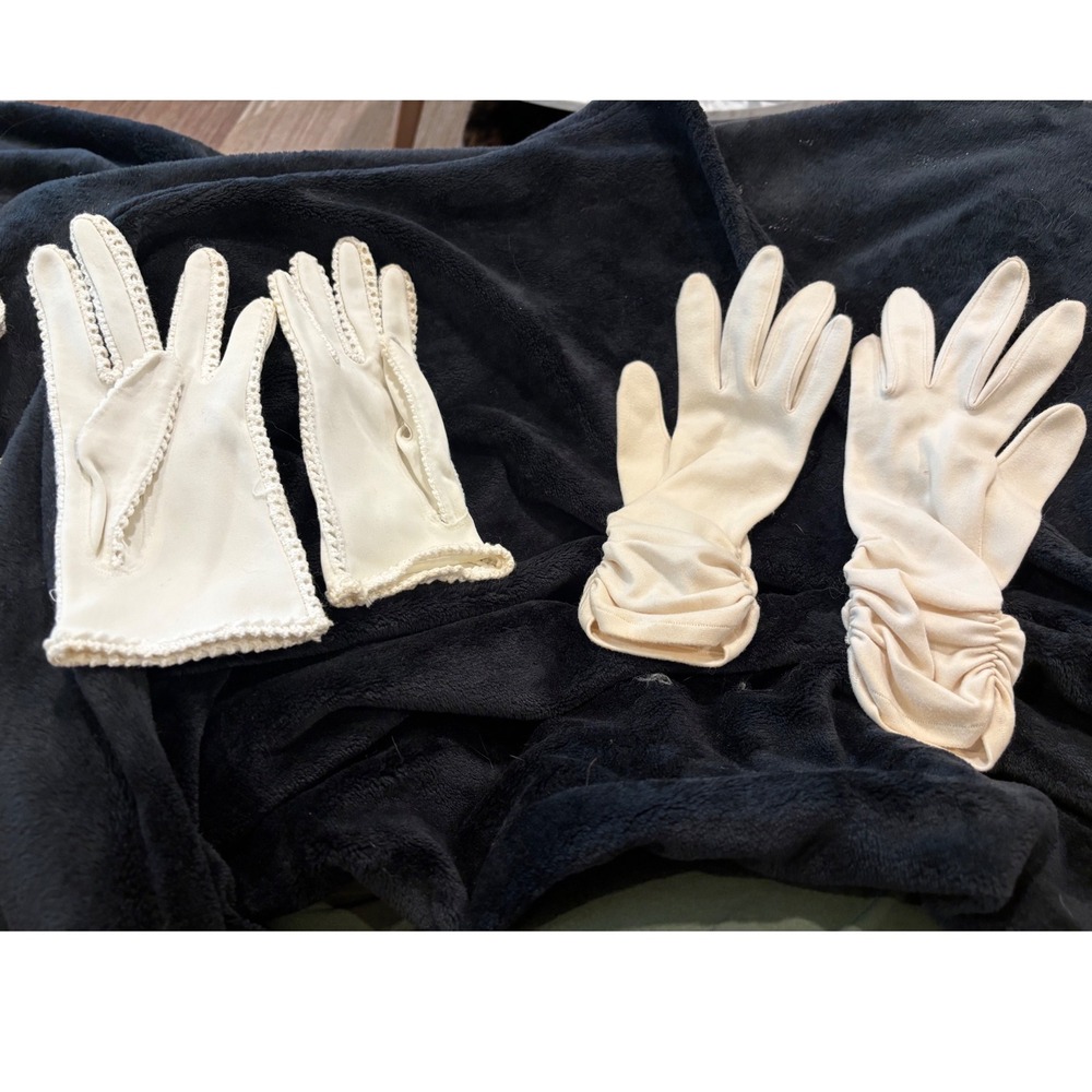 Vintage Dress Gloves Lot of 2 Cream Crochet & Slouch Ruched Matte Cotton